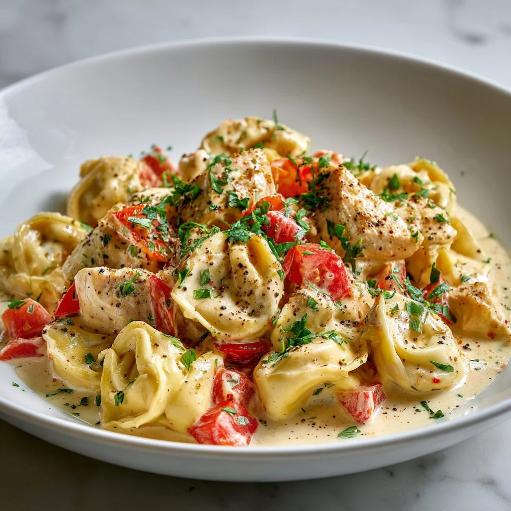 A bowl of hearty Crockpot Chicken Tortellini topped with herbs and cheese