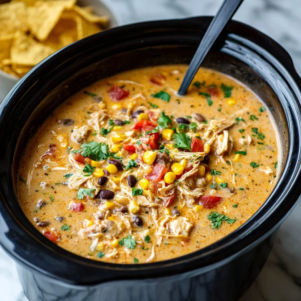 Crockpot chicken tortilla soup with chicken, tortillas, and fresh toppings in a bowl.