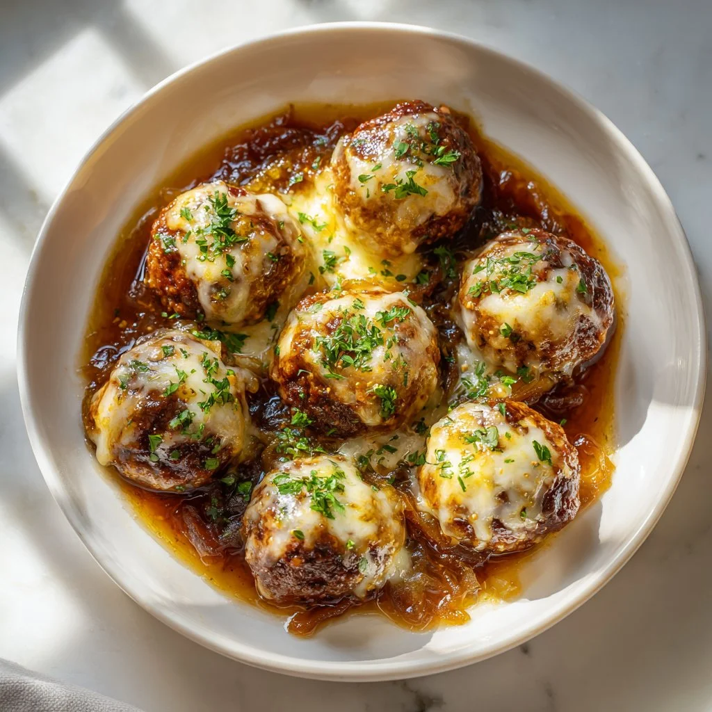 Delicious Crockpot French Onion Meatballs served with melted cheese and onions