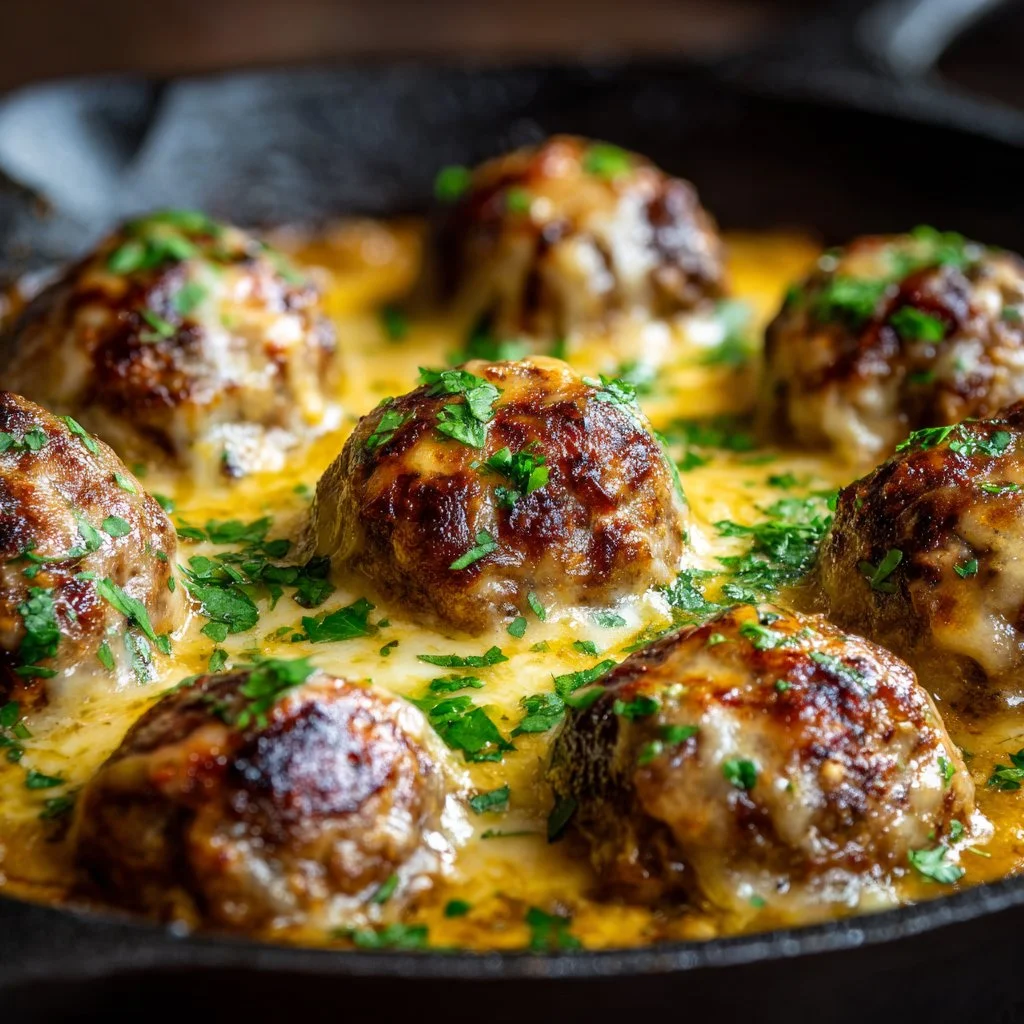Crockpot French Onion Meatballs in a savory sauce on a plate