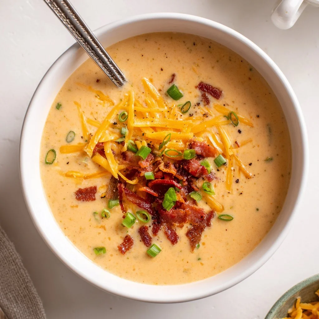Crockpot loaded baked potato soup garnished with green onions and bacon bits