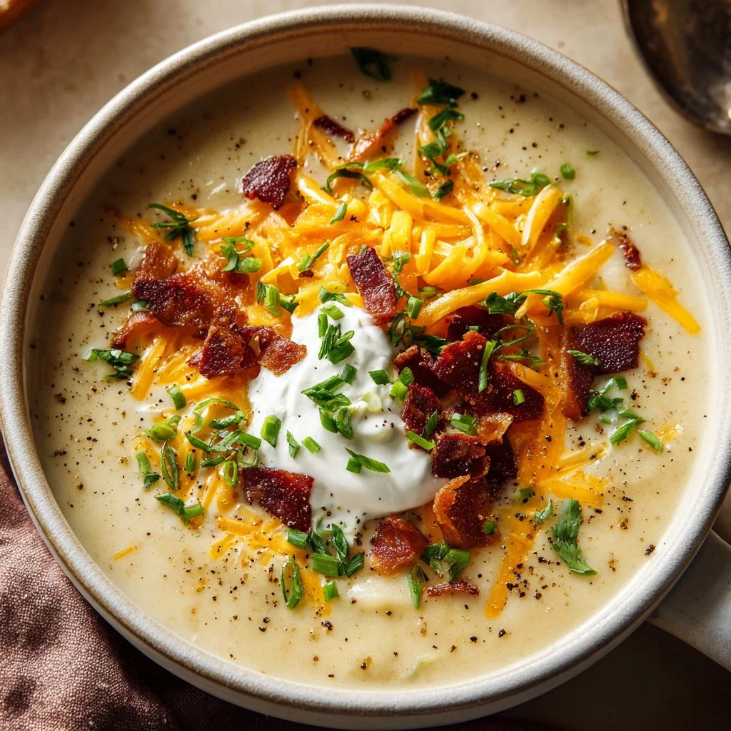 Crockpot loaded potato soup garnished with chives and bacon bits