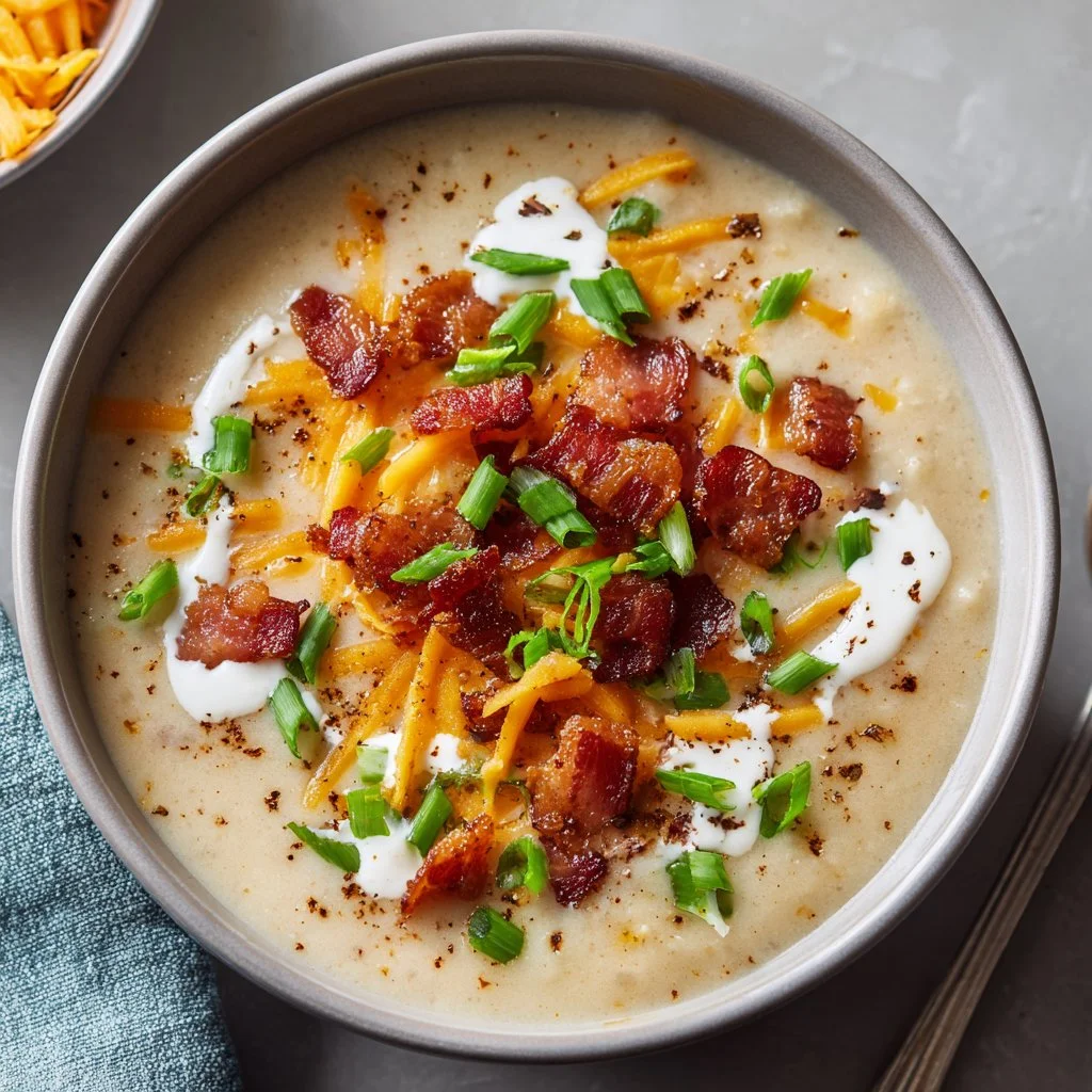A bowl of creamy loaded potato soup made in a crockpot with toppings