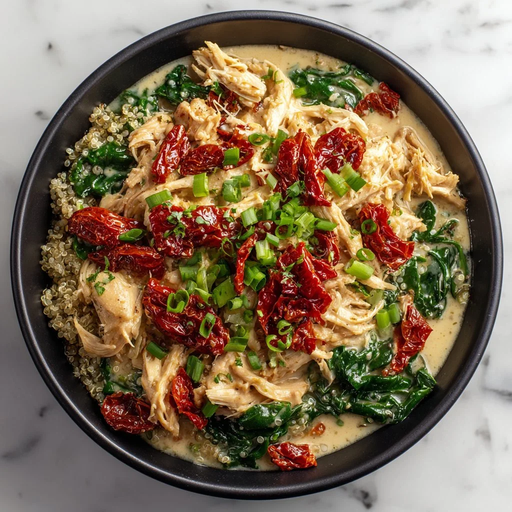Delicious Crockpot Tuscan Chicken dish served with herbs and vegetables