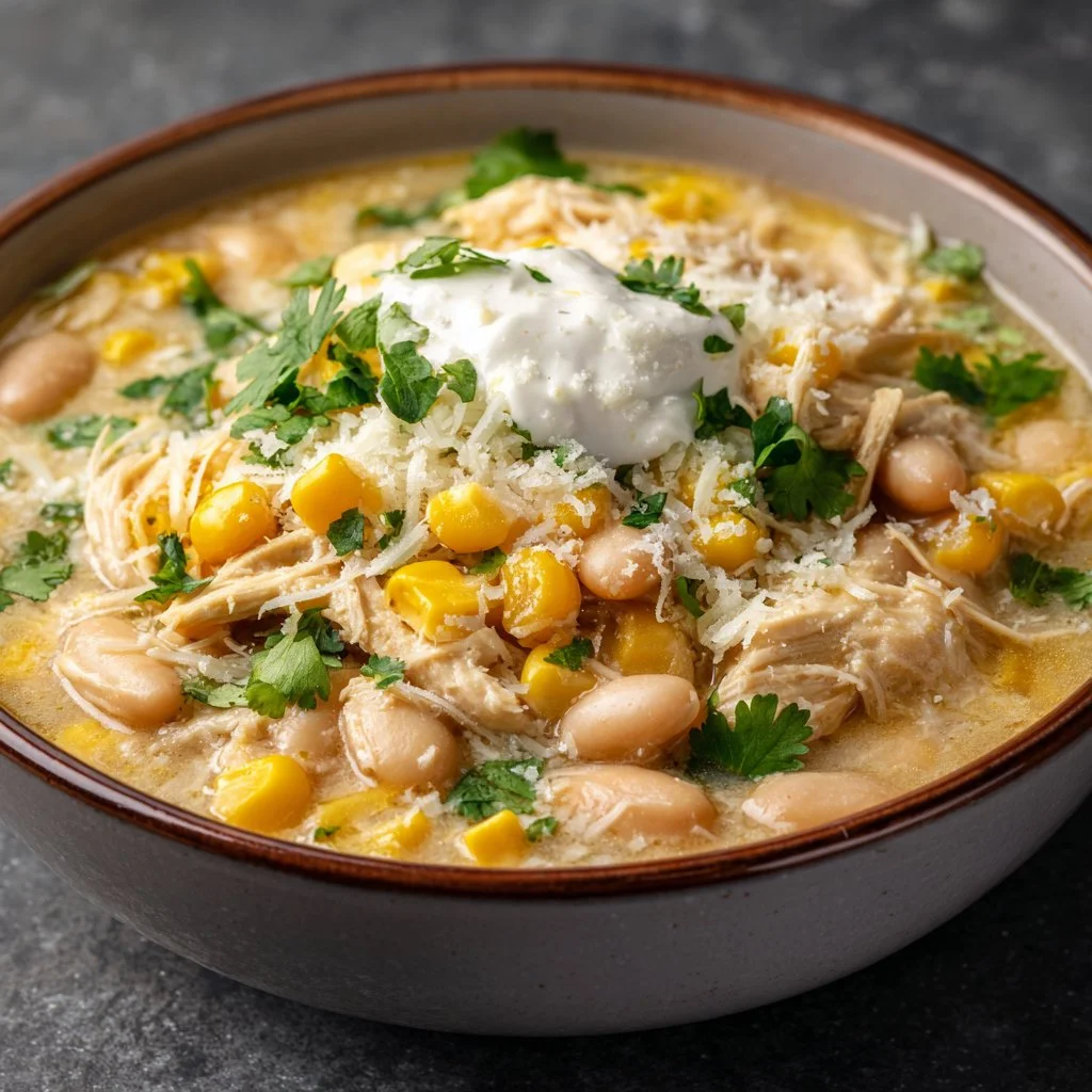 Crockpot White Chicken Chili Soup in a bowl garnished with cilantro and lime