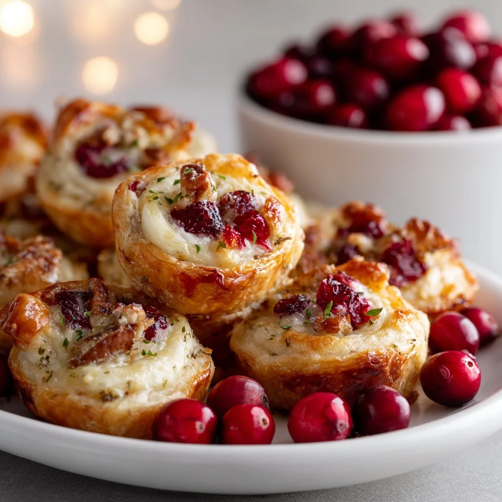 Cranberry brie bites topped with candied pecans, perfect for Thanksgiving appetizers.