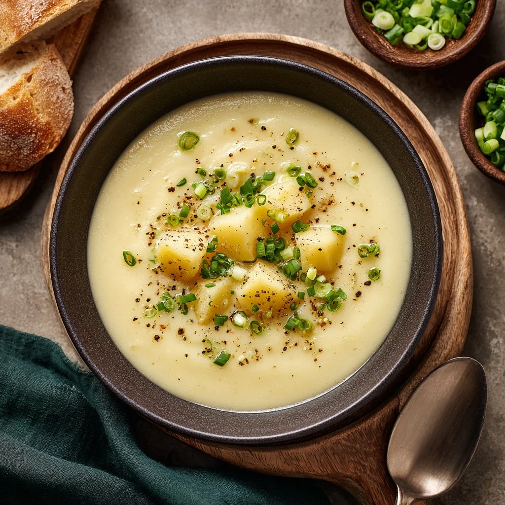 Creamy potato leek soup in a rustic bowl
