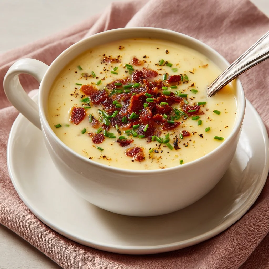 Bowl of easy baked potato soup garnished with green onions and cheese