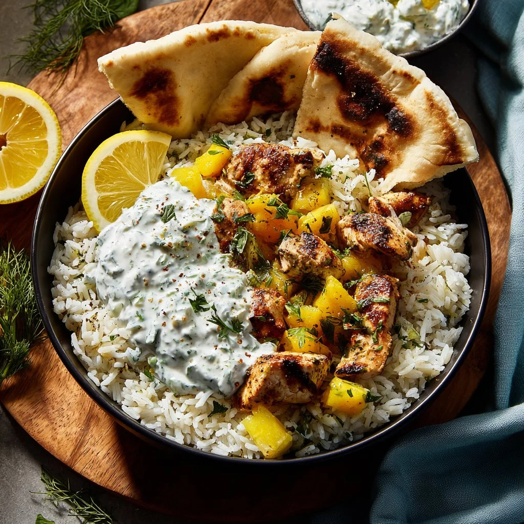 Baked Chicken Tzatziki Rice casserole served in a dish with fresh vegetables