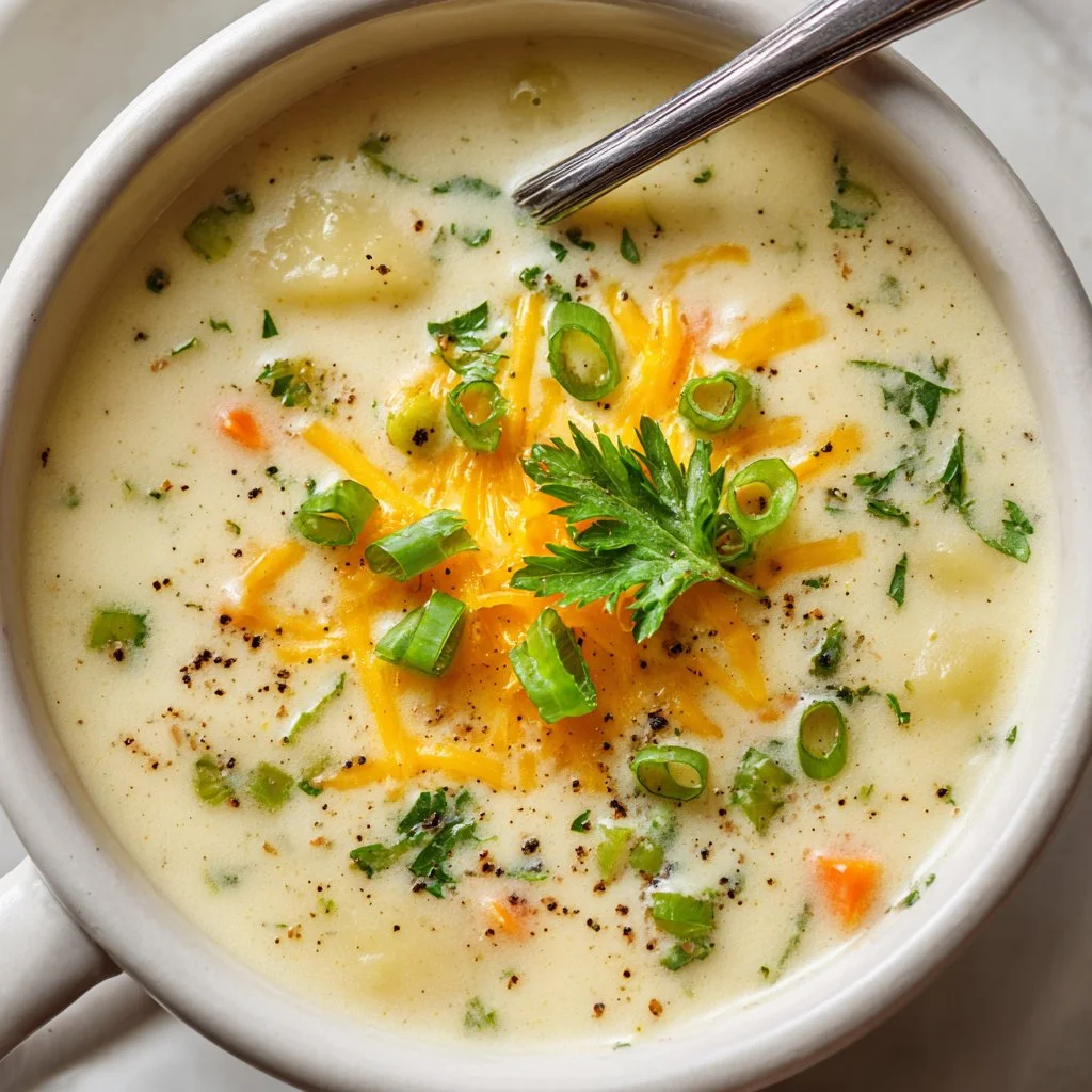 Bowl of easy creamy potato soup garnished with herbs