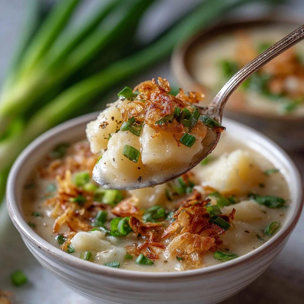 A steaming bowl of easy Crock Pot potato soup garnished with herbs.