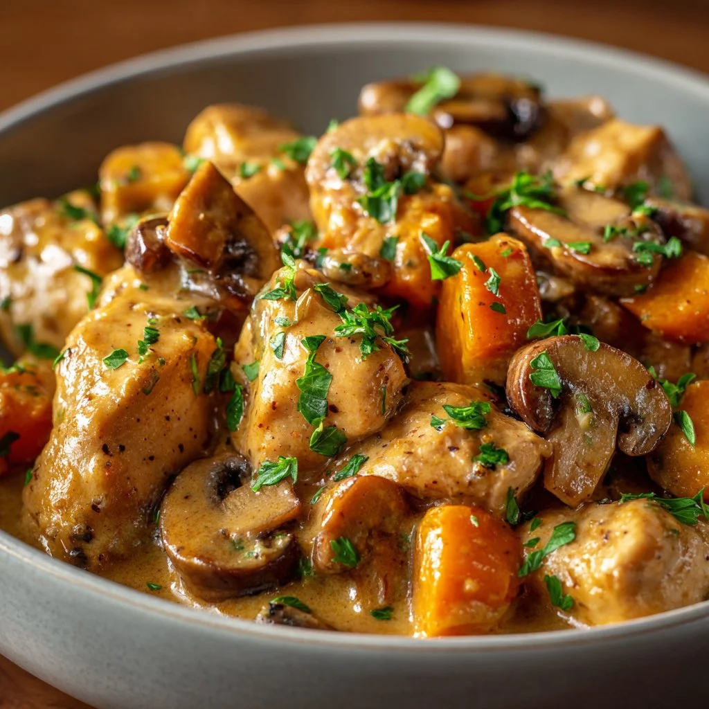 Delicious crockpot creamy mushroom chicken dish served with herbs