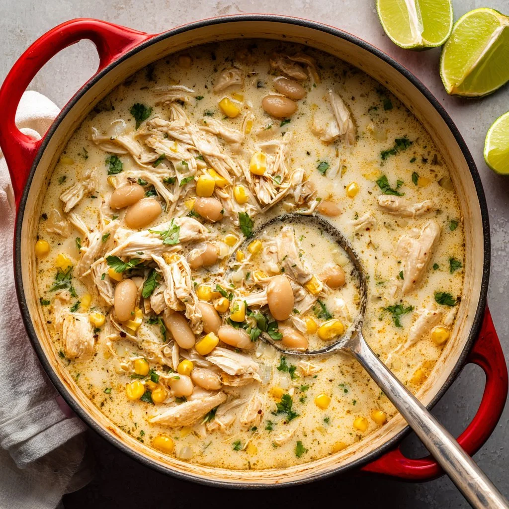 Bowl of healthy white chicken chili topped with cilantro and avocado