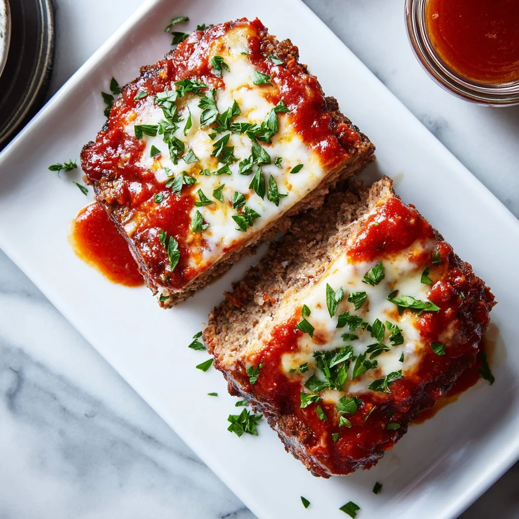 A delicious homemade Italian meatloaf served with herbs and cheese on a plate.