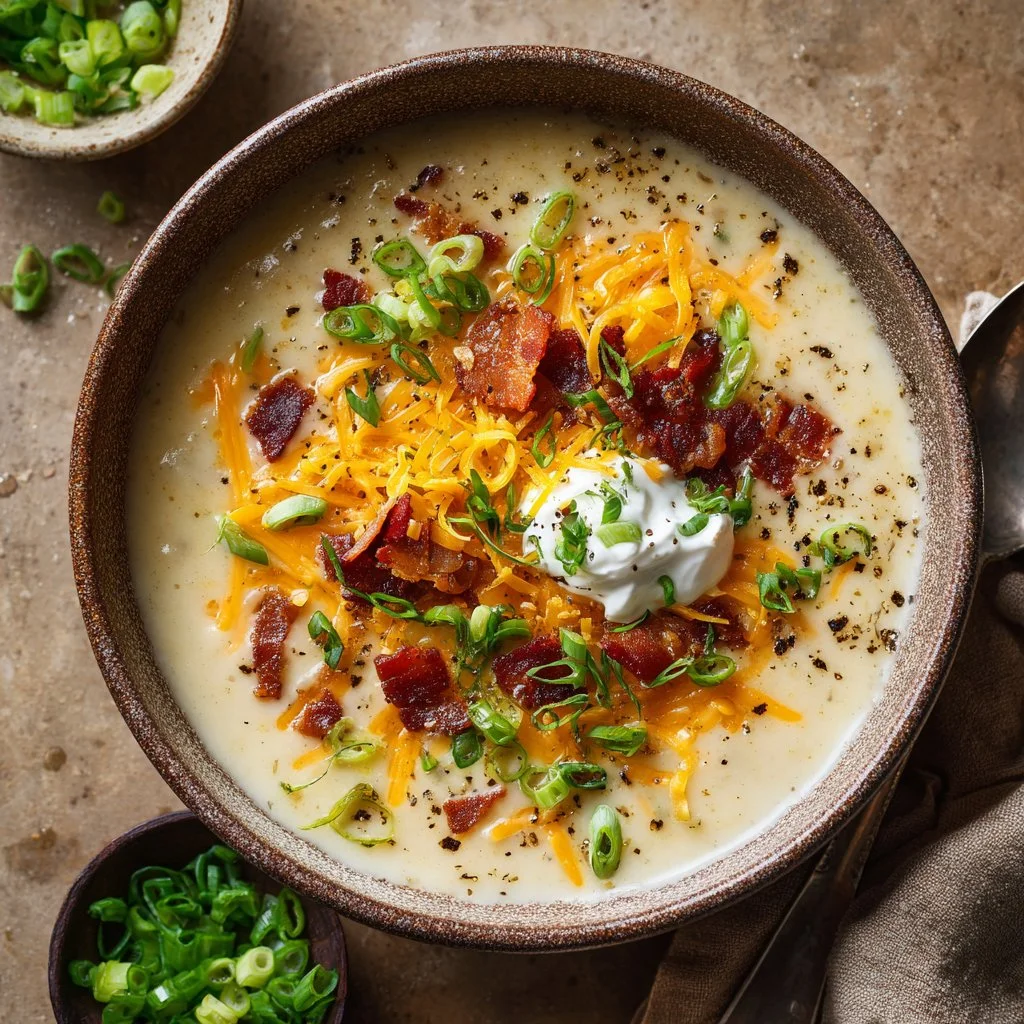 Creamy easy loaded baked potato soup with toppings like bacon and cheese