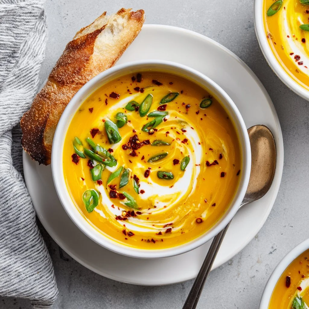 Bowl of creamy easy sweet potato soup garnished with herbs