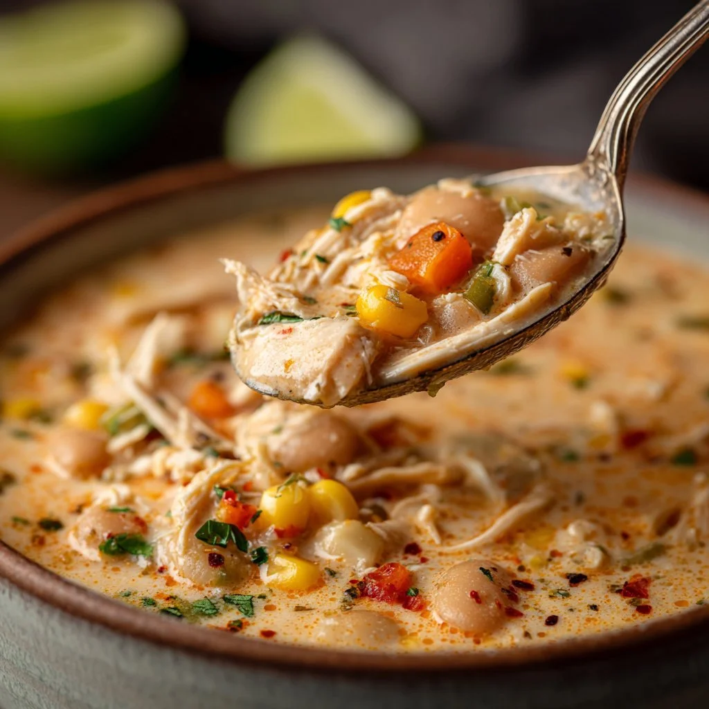 Bowl of Easy White Chicken Chili topped with cilantro and lime.