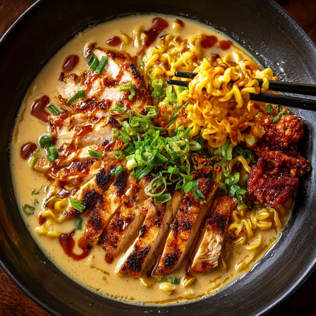 Fiery chicken ramen served in a bowl with creamy garlic sauce and toppings