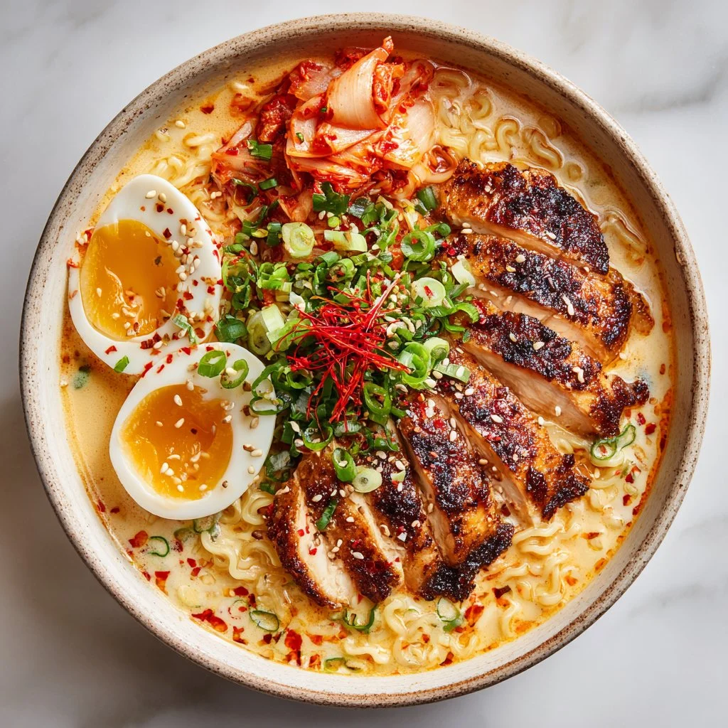 Fiery Chicken Ramen topped with creamy garlic sauce and fresh garnishes