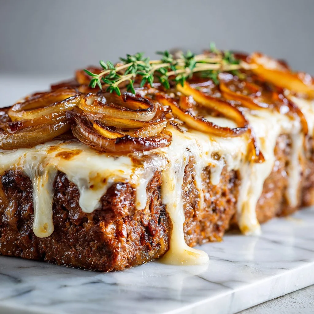 A mouthwatering French onion meatloaf topped with caramelized onions and cheese.