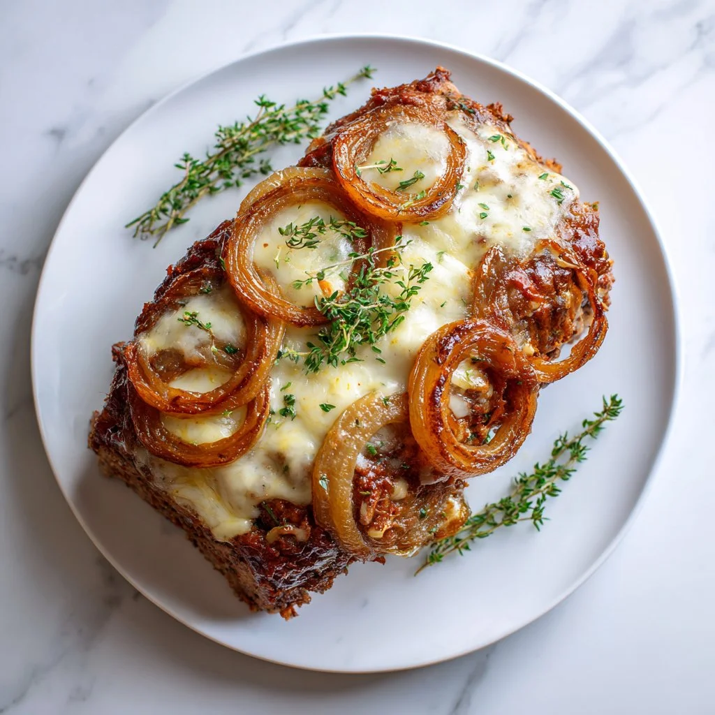 Homemade French Onion Meatloaf topped with melted cheese and caramelized onions