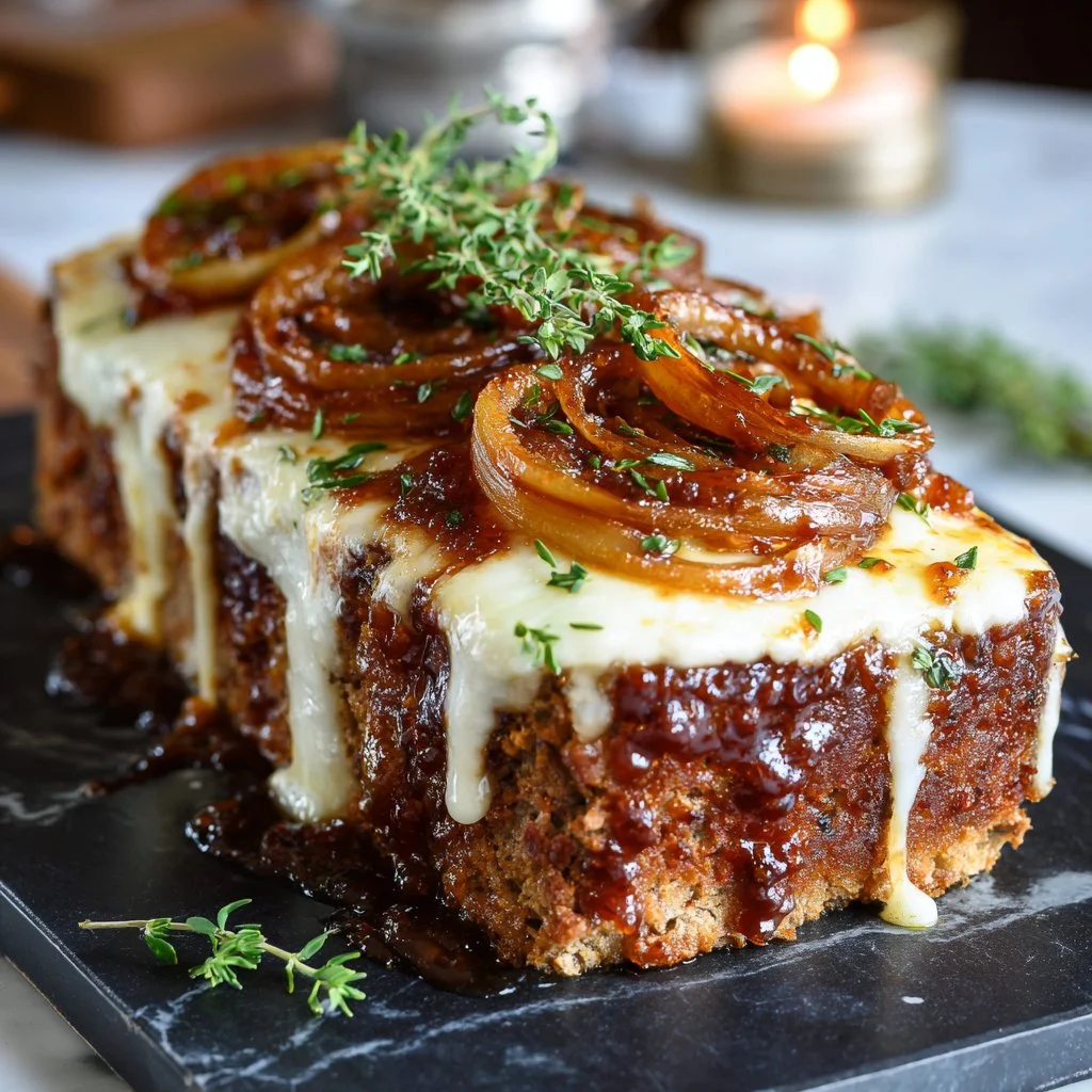 Plated French onion meatloaf with melted cheese and onions, served with a side dish.