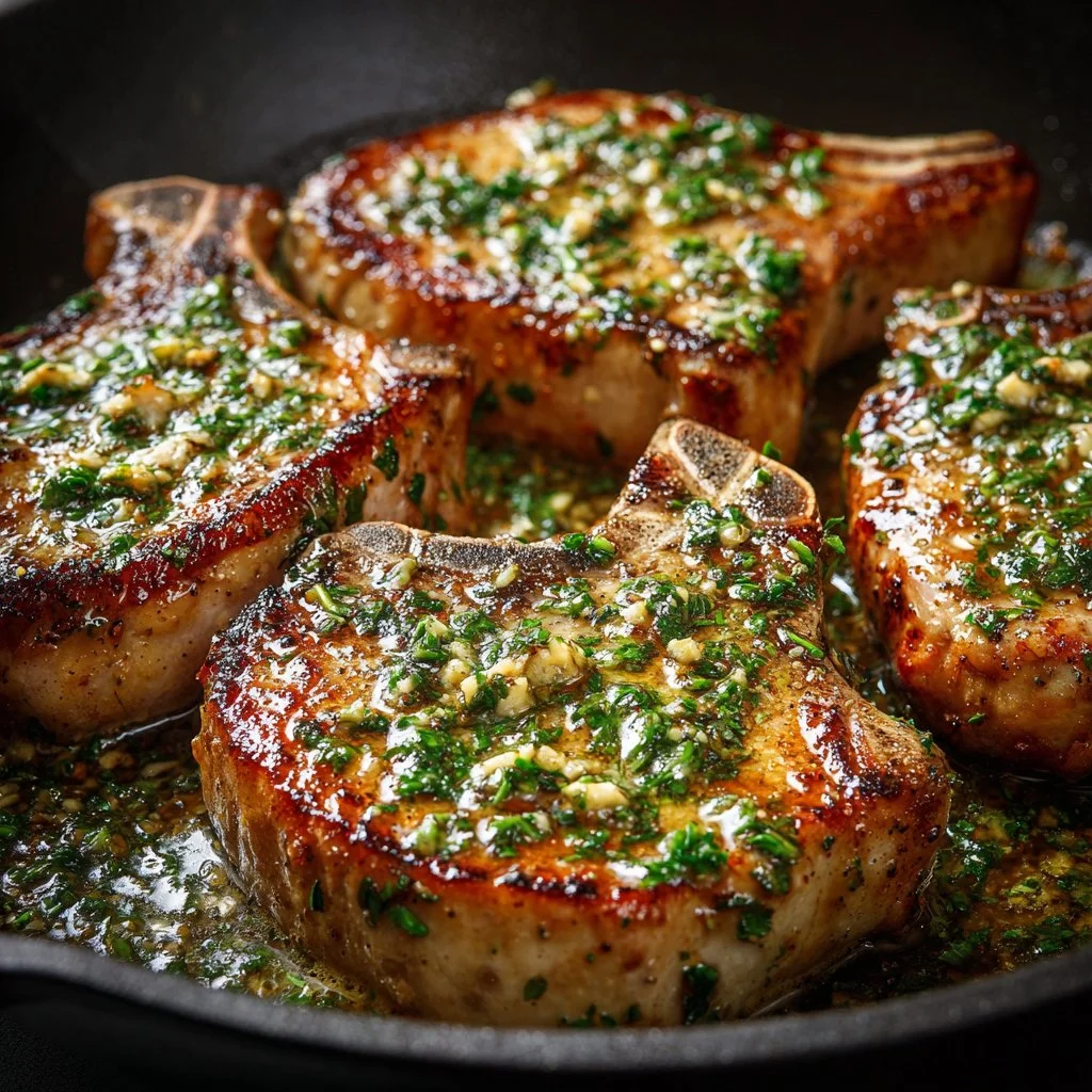 Juicy garlic butter pan-seared pork chops served on a plate with herbs