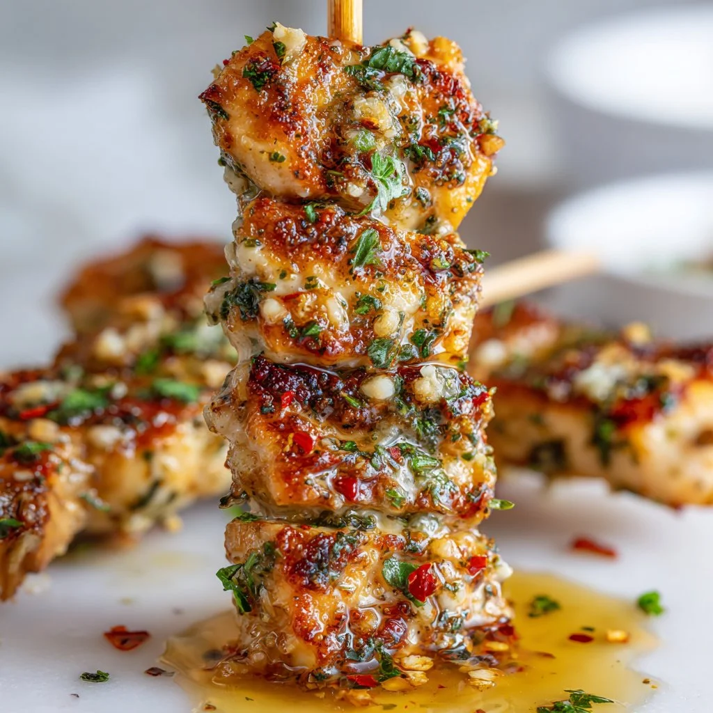 Garlic Parmesan Chicken Skewers served on a platter