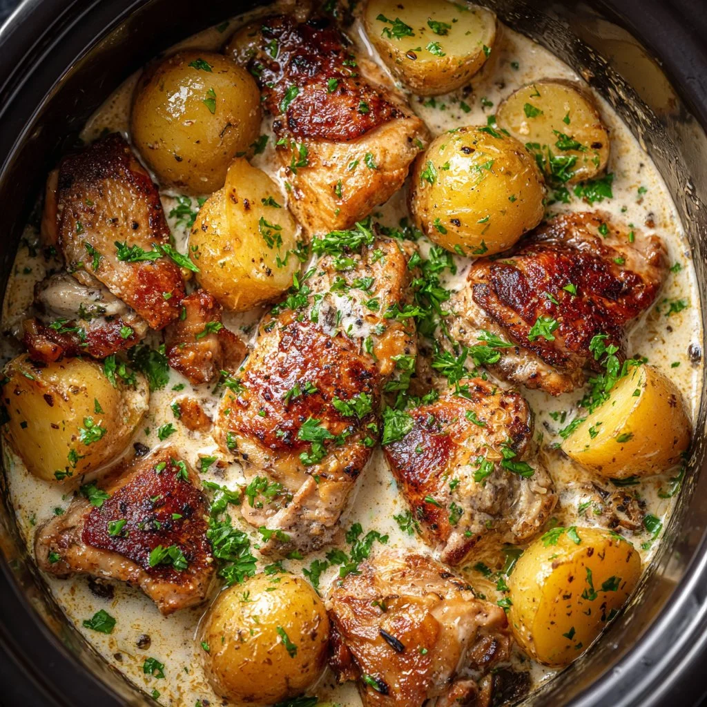 Garlic Parmesan Chicken and Potatoes cooked in a crockpot