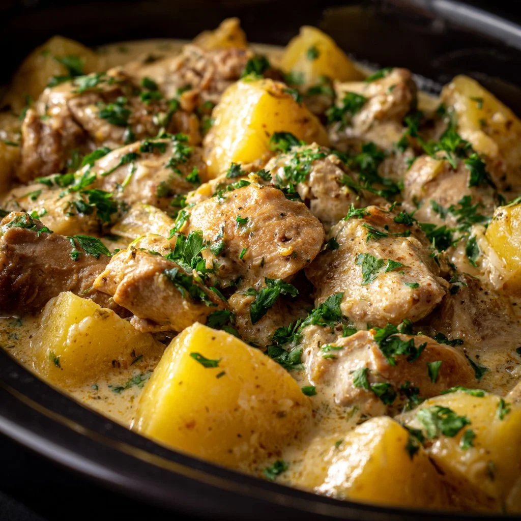 Crockpot Garlic Parmesan Chicken served with potatoes