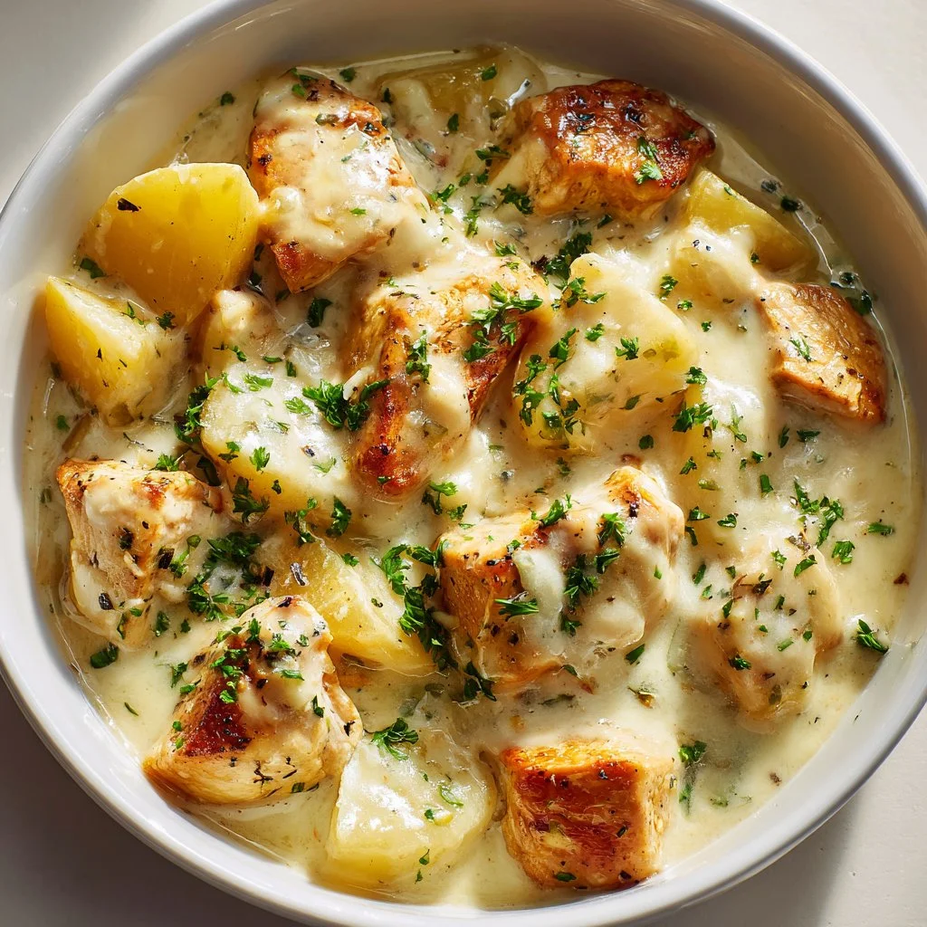 Garlic Parmesan Chicken and Potatoes cooked in a crockpot.