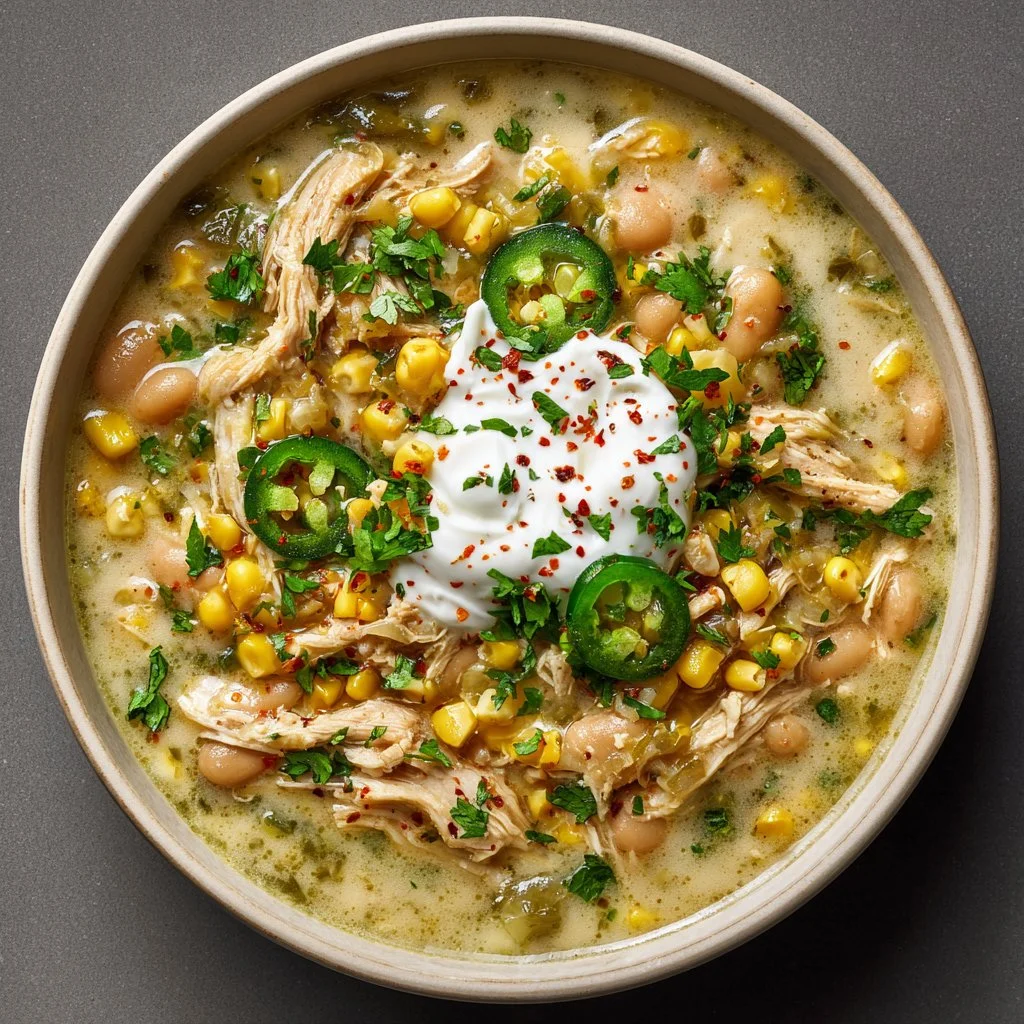 Bowl of Ghostly White Chicken Chili garnished with herbs and spices