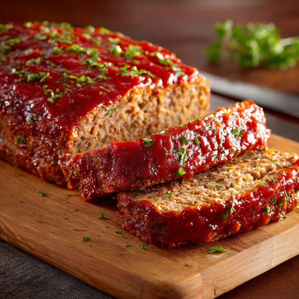 Delicious glazed meatloaf served with a side of vegetables