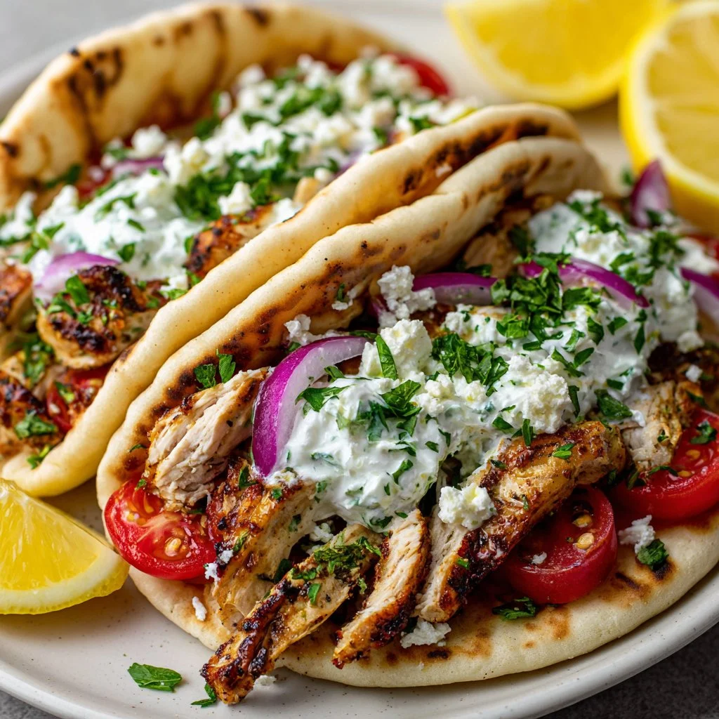 Delicious Greek chicken gyros on a plate, garnished with fresh vegetables.