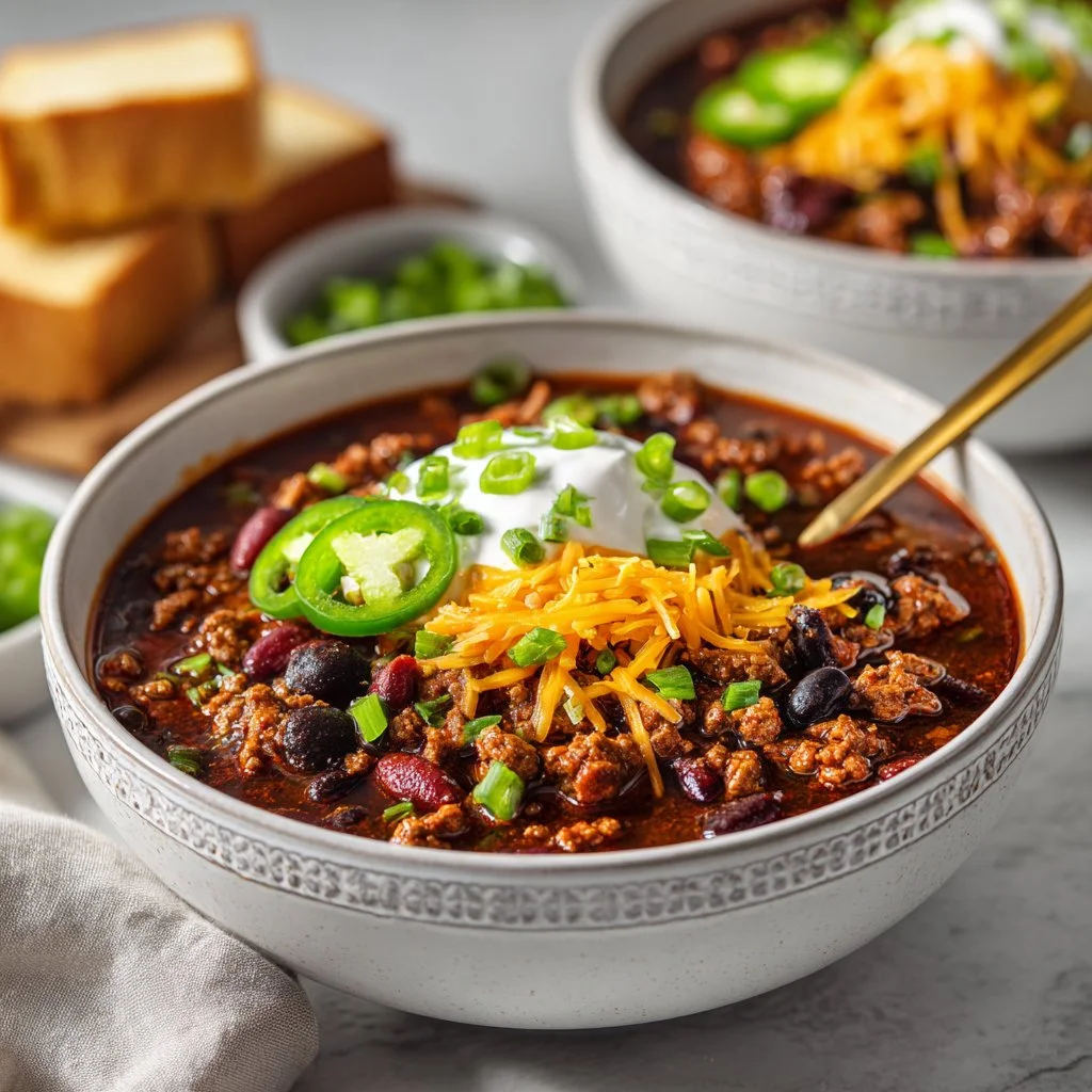 Bowl of homemade ground chicken chili topped with cilantro and cheese