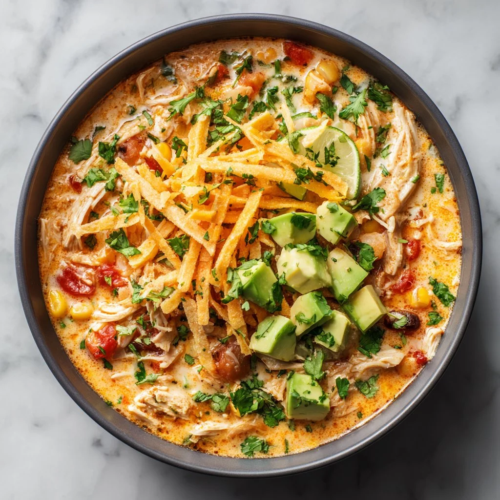 Healthy high protein white chicken chili served in a bowl with toppings.