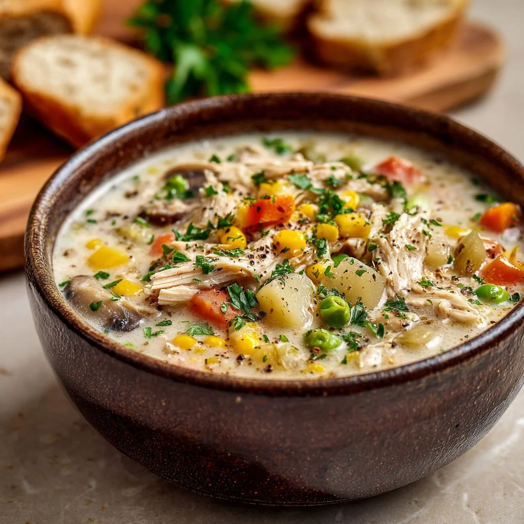 Bowl of hearty chicken potato soup garnished with herbs
