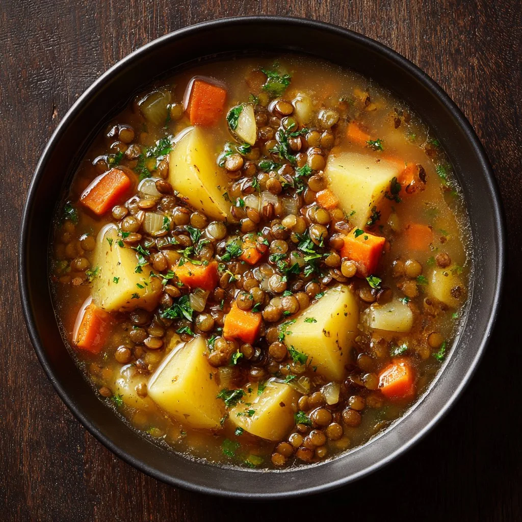 Bowl of hearty lentil and potato soup garnished with herbs
