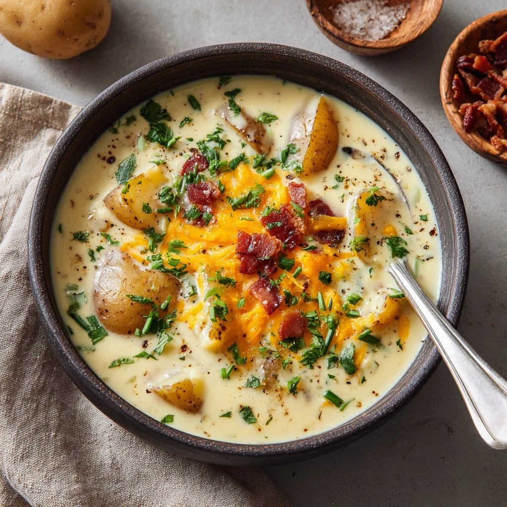 Hearty loaded potato soup in a bowl topped with green onions and bacon