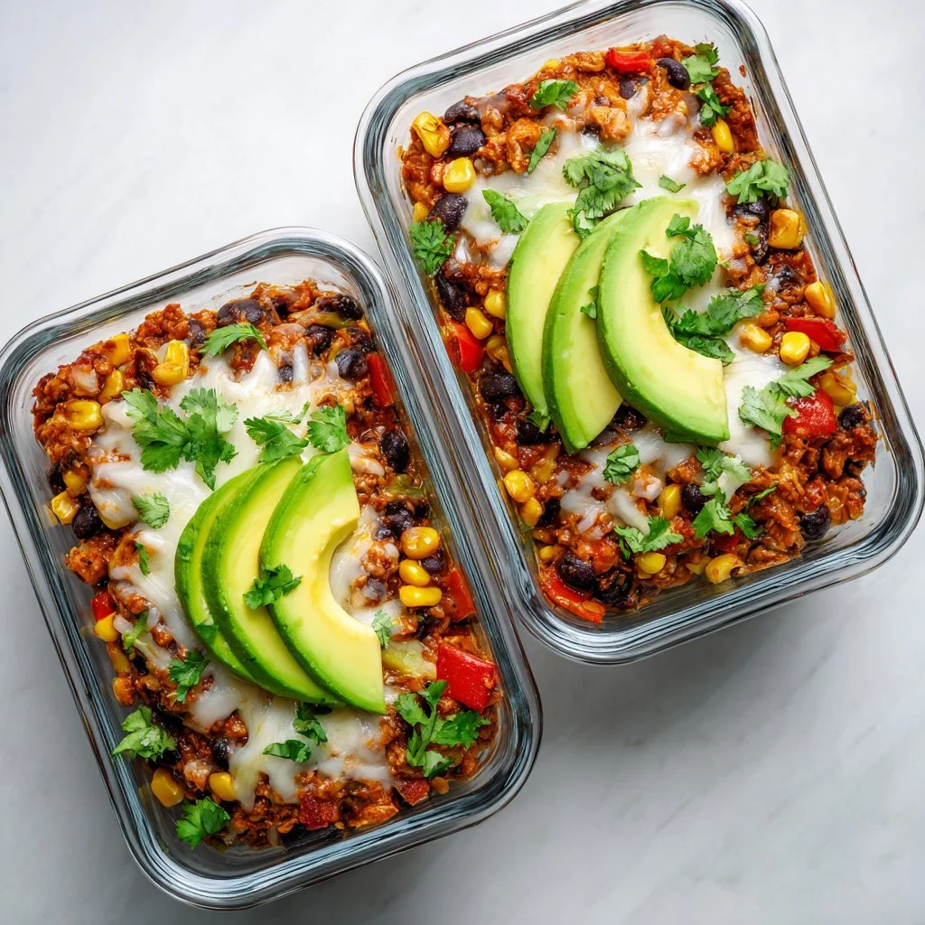 High-protein chicken enchilada bowl topped with cheese and fresh vegetables