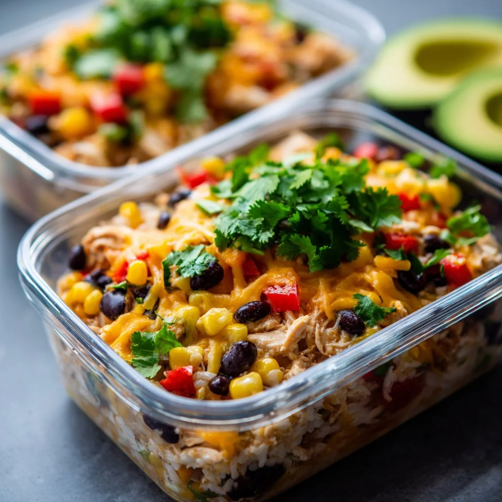 Delicious high-protein chicken enchilada bowls with cottage cheese topping.