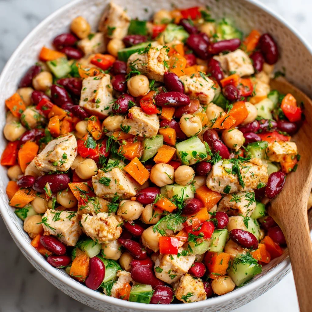 High-protein bean salad with chicken and colorful vegetables
