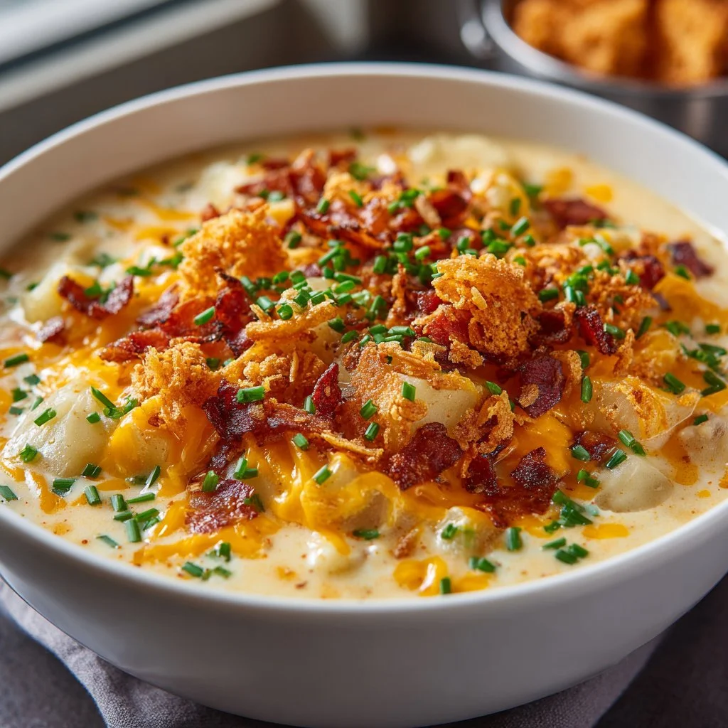 Delicious bowl of homestyle loaded potato soup topped with bacon and cheese