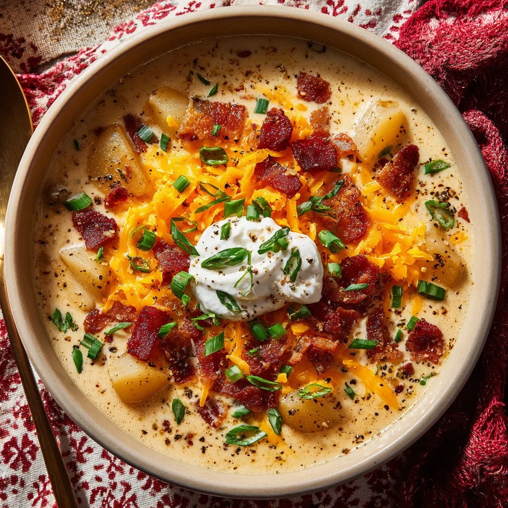 A bowl of homestyle loaded potato soup topped with cheese and chives