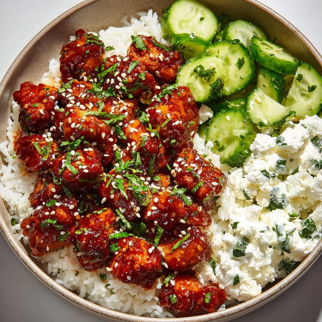 Delicious hot honey chicken bowl topped with fresh vegetables and sauce