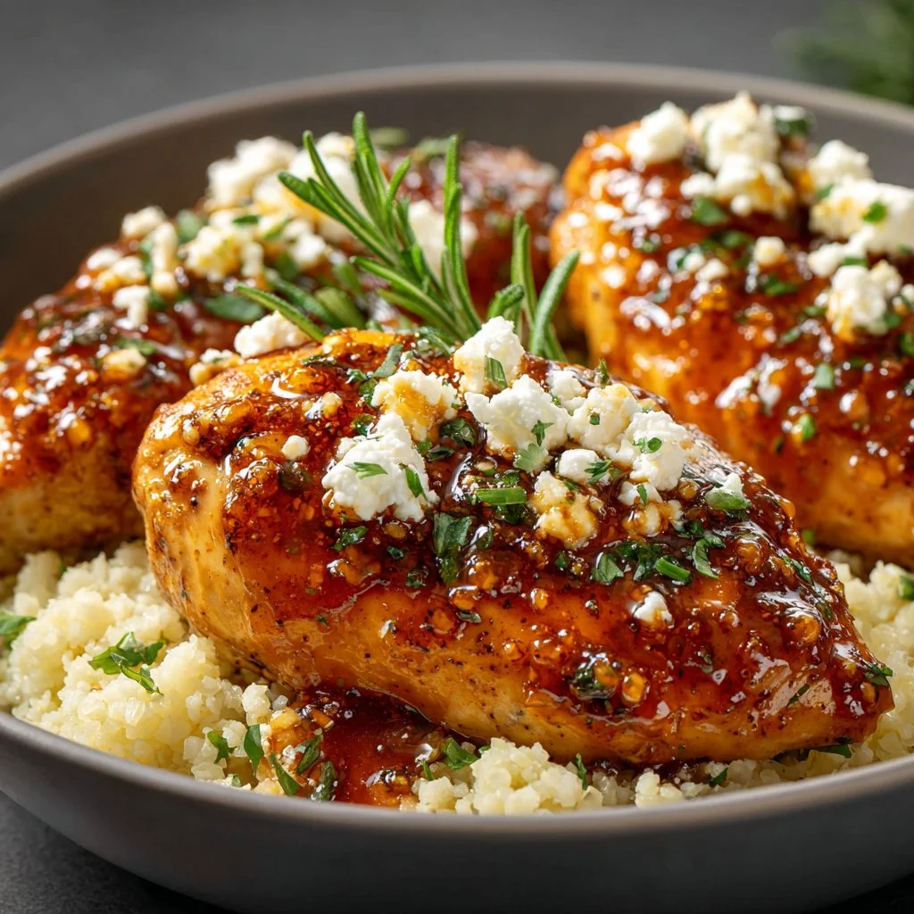 Hot honey infused feta chicken dish on a white plate garnished with herbs