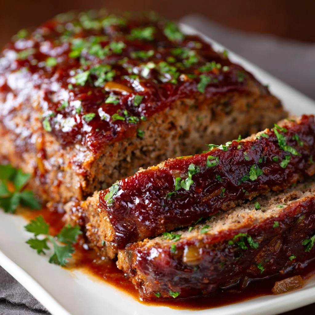 Ina Garten's Meatloaf served with mashed potatoes and green beans.