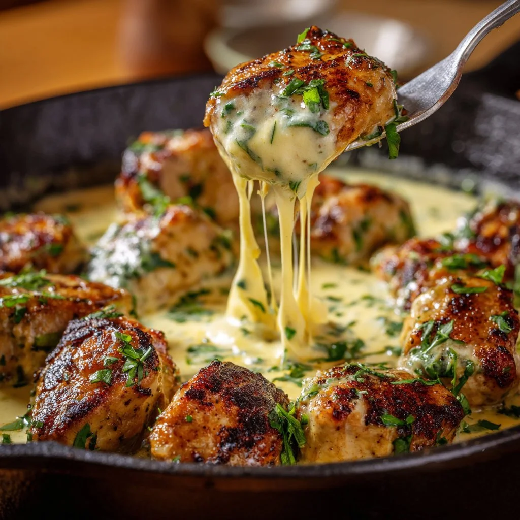 Creamy garlic sauce drizzled over grilled chicken bites for a delicious meal