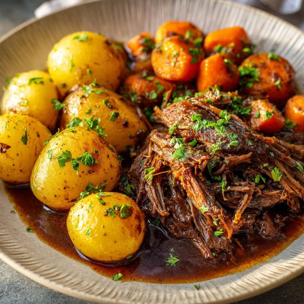 Irresistible crockpot pot roast with tender beef, potatoes, and carrots.