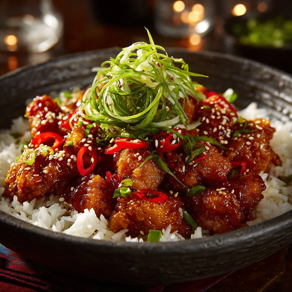 Delicious plate of sweet chili chicken garnished with fresh herbs